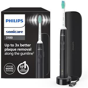 Philips Sonicare 3100 spazzolino elettrico sonico, sensore di pressione e timer, custodia da viaggio, colore nero, HX3673/14, Sonicare 3100, Nero