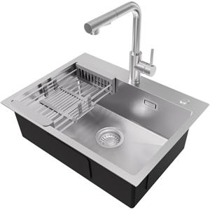 CECIPA Lavello Cucina 1 Vasca 60 x 45cm con Rubinetto, Lavandino Cucina in Acciaio Inox quadrato, Lavabo Piccolo Montaggio Incasso o Superiore, Superficie Spazzolata, con Scolapiatti e Sifone