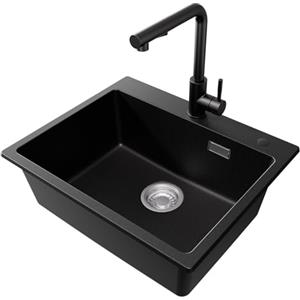 CECIPA Lavello con rubinetto, lavello nero, 55 x 45 cm, lavello da cucina in granito