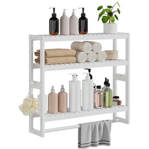 RRX Mensola da bagno in bambù, 15 cm x 59 cm x 53 cm H, 3 livelli regolabili, supporto da parete sospeso o supporto con asta, mensola a pavimento, portasciugamani, asta appendiabiti per bagno (bianco)