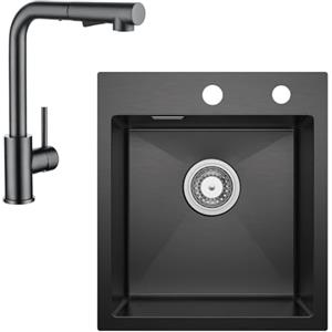 CECIPA Lavello Cucina 1 Vasca 40 x 45cm con Rubinetto Grigio, Lavandino Cucina Nero Antracite, Lavello Piccolo in Acciaio Inox quadrato, Montaggio Incasso o Superiore, con Sifone