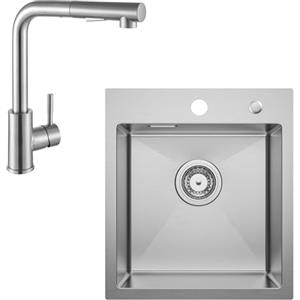 CECIPA Lavello Cucina 1 Vasca 40 x 45cm con Rubinetto, Lavandino Cucina in Acciaio Inox quadrato, Lavabo Piccolo Montaggio Incasso o Superiore, Superficie Spazzolata, con Sifone