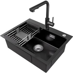 CECIPA Lavello Cucina 1 Vasca 60 x 45cm con Rubinetto Nero, Lavandino Cucina Nero Antracite, Lavello Piccolo in Acciaio Inox quadrato, Montaggio Incasso o Superiore, con Scolapiatti e Sifone