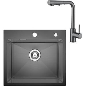 CECIPA Lavello Cucina 1 Vasca 50 x 45cm con Rubinetto, Lavandino Cucina Nero Antracite, Lavello in Acciaio Inox quadrato, Montaggio Incasso o Superiore, con Sifone no Dispenser Sapone