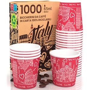 Eurocali 1000 Bicchierini in Carta per caffè 65ml Italy Red Bicchieri Ecologici Biodegradabili Monouso Piccoli Asporto Bevande Calde