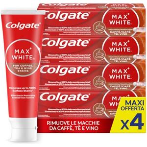 Colgate Max White, Dentifricio Sbiancante Per Caffè e Tè, 4x75 ml | Rimuove fino al 100% delle macchie superficiali, Protegge lo smalto dai tannini, Ideale per fumatori e bevitori di caffè