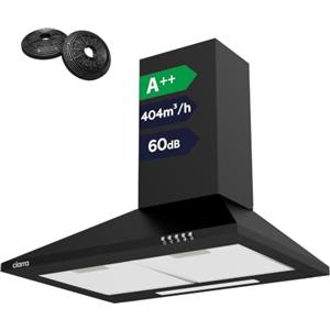CIARRA CBCB6201 Cappa Aspirante Cucina 60 cm Classe A++ 60dB Nero | Design Elegante, 404 m³/h, 3 Livelli di Potenza, Montaggio a Parete con Filtro Carbone CBCF002X2
