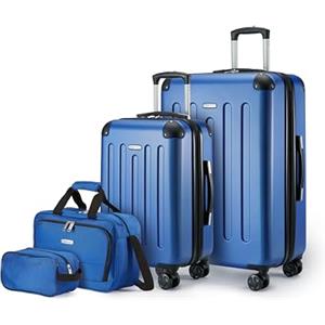 Amazon Basics Set di Valigie Rigide, 4 pezzi, Valigia Grande, Trolley, Borsa a mano, Borsa da viaggio compatta, Espandibili, 4 Ruote Girevoli, Blu Navy
