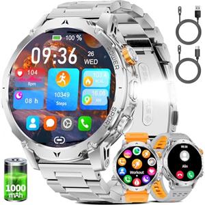 LIGE Smartwatch Uomo 1000mAh, Chiamate Bluetooth, Torcia LED, Schermo HD 1,7", 110+ Sport, Frequenza Cardiaca, IP68, Android iOS, 3 Bracciali & 2 Cavi di Ricarica