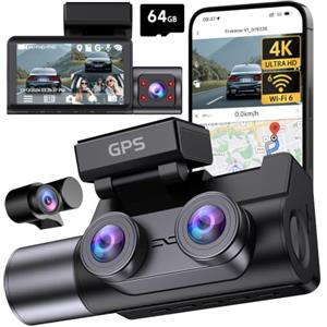 Frvesroe Dash Cam Auto 3 Canali, 4K UHD Anteriore + Full HD Posteriore + Interno, Dashcam con Sorveglianza Parcheggio 24h, WiFi 6 e GPS, Visione Notturna HDR/WDR, Dashcam con scheda 64GB (V1)