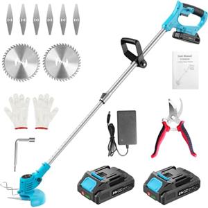 LEEIKOO Decespugliatore a Batteria 21V, Tagliabordi Elettrico con 2 Batterie da 2,0 Ah, 6 Lame Metalliche e 2 Dischi da Taglio, Asta Telescopica e Testina Regolabile, con Forbici da Potatura, per Giardino
