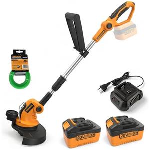 TOOLMAK Decespugliatore a Batteria 20V, Diametro di Taglio 26cm per Prato | Tagliabordi Elettrico con a Filo di Nylon, Asta Telescopica 75-123cm, Batteria 4,0Ah, Taglia Erba per Giardino (2 Batterie)