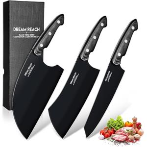 Dream Reach Set 3 Coltelli da Cucina per Carne Verdura | Affilato, Acciaio Inossidabile ad Alto Tenore di Carbonio, Manico in Legno Ergonomico,