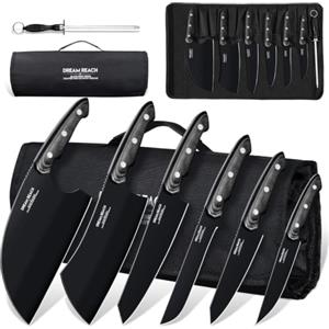 Dream Reach Set di Coltelli da Cucina 6 Pezzi, Manico in Legno, Nero | Con Borsa, Con Affilatore, Manico Ergonomico, Per Uso Domestico o all'Aperto