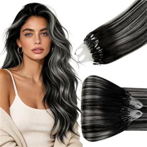 Hetto Extension Microring Capelli Veri Più Lunghezza 50ciocche #1B/S/1B | Umani Remy per chignon da acconciare, Fissaggi senza calore, Nero naturale con grigio argento, Appuntamenti serali, 30cm 40g