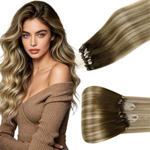Hetto Extension Microring Capelli Veri Effetto Volume Estetico 50ciocche | Uso Quotidiano, Aspetto Naturale, Castano Freddo con Meches Biondo Caramello, Lunghezza per Nuove Acconciature, 30cm 40g