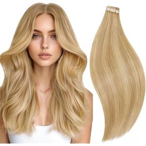 RUNATURE Extension Biadesive Capelli Veri Biondo 50cm 20pcs 50g #16P24 | Extension Capelli Veri Biadesivo Biondo con riflessi,Dritto Naturale,Lisci,Invisibile