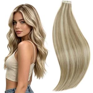 RUNATURE Extension Biadesive Capelli Veri 40cm 20pcs 50g Biondo #8P60 | Extension Capelli Veri Biadesivo Castano Chiaro con Riflessi Biondo Medio Dritto Naturale,Lisci,Invisibile
