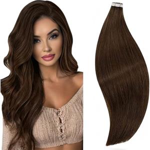RUNATURE Extension Capelli Veri Biadesivo 50cm 20 Pezzi Castano 50g #4 | Extension Adesive Invisibile，Dritto,Lisci,Effetto Naturale