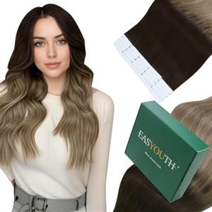 Easyouth Capelli Veri Extension Biadesivo Ombre Marrone Extension Capelli Veri Adesive Marrone Scuro Medio Balayage Biondo Cenere Biadesive Humna Hair Extensions Lisci #2/6/18 30cm 30g 20pz
