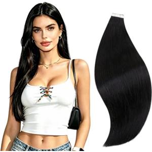 RUNATURE Extension Biadesive Capelli Veri 45cm 50g 20pcs Nero Naturale #1B | Extension Adesive Invisibile，Dritto,Lisci,Effetto Naturale
