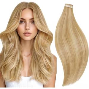 RUNATURE Extension Capelli Veri Biadesivo Biondo Evidenziato 20pcs #16P24 | Extension Biadesive Capelli Veri Biondo con riflessi,30cm 30g,Dritto Naturale,Lisci,Invisibil