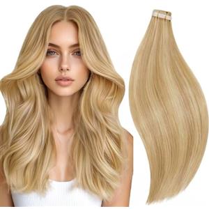 RUNATURE Extension Biadesive Capelli Veri Biondo 55cm 50g 20pcs #16P24 | Extension Capelli Veri Biadesivo Biondo con riflessi,Dritto Naturale,Lisci,Invisibile