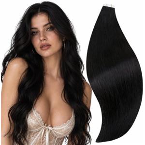 RUNATURE Extension Capelli Veri Biadesivo 65cm 20 Pezzi 50g Jet Nero #1 | Extension Adesive Invisibile，Dritto,Lisci,Effetto Naturale