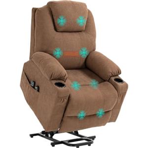 HOMCOM Poltrona Alzapersona Elettrica Reclinabile Telecomando Caffè | 8 Punti Massaggianti, Riscaldato, Poltrona Relax Elettrica Moderna per Anziani, Tessuto Effetto Lino, 90x101x107 cm