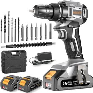 AKZWOXRO Trapano Avvitatore Batteria 21V, Brushless Avvitatore a Batteria con 2 Batterie da 2.0Ah, 45N.m di Coppia, 2 Velocità, 20+1 Coppia, 14 Accessori, Luce a LED, Per il fai da te, Grigio