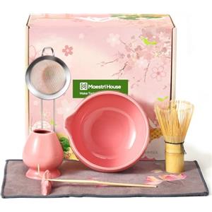 Maestri House 7 Pezzi Matcha Kit, Set per Matcha da Cerimonia Giapponese, Frusta Matcha in Bambù, Ciotola Matcha, Cucchiaio, Supporto per Frusta, Setaccio, Regalo per gli Smanti del Matcha (Rosa)