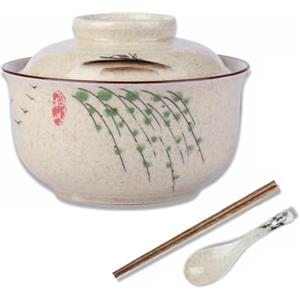 Braozaiw Ceramic Soup Bowl Set da 800 ml Ramen Bowl (bacchette cucchiaio), grandi ciotole giapponesi per noodle Bowls, set tradizionale asiatico, per udon, pasta, pho, soba (vimini)