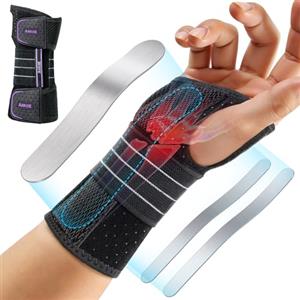 Rakiie Supporto da polso regolabile da notte con 3 guide in metallo, per uomini e donne, nessuna pressione sul pollice, stabilizzatore binario (Viola, M, Destra)