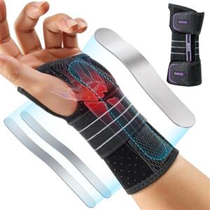 Rakiie Supporto da polso regolabile da notte con 3 guide in metallo, per uomini e donne, nessuna pressione sul pollice, stabilizzatore binario (Viola, M, Sinistra)