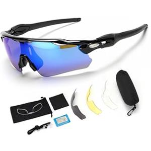 Generico Occhiali da Ciclismo Sportivi, Lenti Polarizzate UV400, Montatura PC con Telaio per Miopia, 4 Lenti Intercambiabili, Antivento per Corsa e MTB