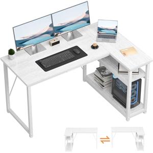 TRIUMPHKEY Scrivania ad Angolo Reversibile 120 x 80cm Bianco | Scrivania a Forma di L con Ripiani,Tavolo da Lavoro,Struttura in Acciaio, per Computer, Ufficio, Studio and Soggiorno