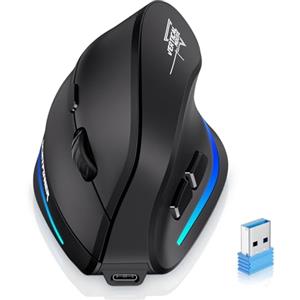 ECHTPower Upgrade Mouse Verticale Senza Fili 2.4GHz, 4800 DPI a 6 Livelli Regolabili, Porta Type-C, Scatto Silenzioso, con LED RGB, Mouse Ergonomico per Laptop, Desktop, PC, Macbook