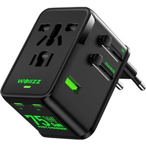 wollz Adattatore da viaggio 75W, adattatore universale europeo GaN a ricarica rapida con 5 porte (1 AC, 1 USB-A e 3 USB-C), spina adattatore con chip intelligente per oltre 200 paesi, caricabatterie PD & QC