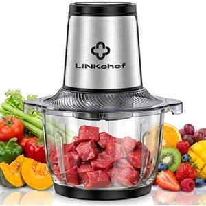 LINKChef Tritatutto Elettrico 1,5L Vetro, 2 Velocità, Lame in Acciaio Inox a 3 Livelli - Mini Robot da Cucina per Carne, Verdure, Frutta, Noci e Alimenti per Bambini