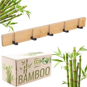 RICOO Appendiabiti da Parete in Bambus MH023L-N Attaccapanni da Muro Moderno con 5 Ganci Ripiegabili Appendino da Muro Design Elegante per Ingresso Cucina Camera 2x50x5,5cm Colore naturale