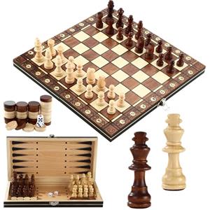 ZHYLUO Scacchiera in Legno 3 in 1 - 29x29cm Magnetica e Portatile - Dama Gioco da Tavola per Bambini, Adulti, Feste, Attività Familiari