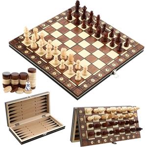 LCXCXY Scacchiera Magnetica in Legno,Scacchiere da Viaggio Fatti a Mano, Portatili e Pieghevole scacchiera professionale, 3 in 1 Scacchiera in Legno, per Bambini e Adulti Feste Attività di Famiglia(29x29cm).