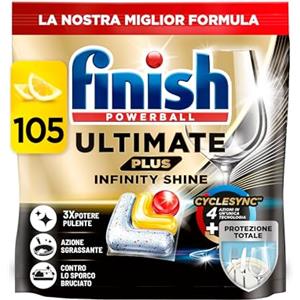 Finish Ultimate PLUS Infinity Shine Pastiglie Lavastoviglie al Limone, 105 Capsule con Scudo Protettivo contro lo Sporco e i Residui Incrostati