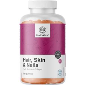 HealthyWorld Hair, Skin & Nails - 120 Gommose - C, E, Biotina e Collagene | Caramelle Gommose per Capelli, Pelle e Unghie - 2 mesi di Scorta - Gusto Agrumi - Senza Glutine