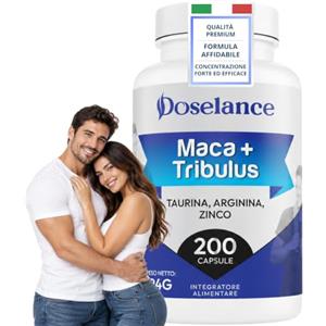 DOSELANCE Maca Peruviana Nera Potenziata con Tribulus, Taurina, Arginina - 200cp | Booster Testosterone con Zinco, Migliora Energia e Resistenza, Supporto Ormonale per Vitalità di Coppia, Fornitura 2 Mesi
