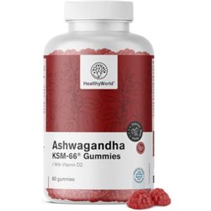 HealthyWorld Ashwagandha KSM-66® 300 mg - 60 caramelle gommose - Vegano | Senza Glutine - 300 mg nella Dose Giornaliera - Gusto di Frutti di Bosco con Vitamina D2 - Per 1 mese - Antistress