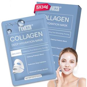 DiviDermy 5 Pezzi Maschera Collagene Viso, Collagen Face Mask, Idratante e Lenitiva | Collagen Profonda Maschera Viso, Maschera Viso Hydrogel con Acido Laluronico, Skincare Coreano, Idratante e Rassodante