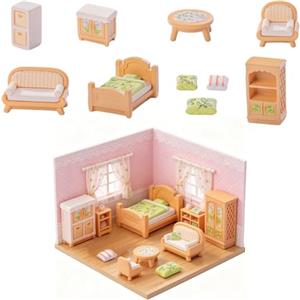 LUVDECO Set di 10 mobili per casa delle bambole, in plastica, effetto legno, mobili in miniatura per soggiorno, casa delle bambole, accessori per divano, tavolo, armadio, letto, cuscini, decorazione per casa