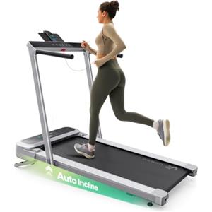 UREVO Tapis Roulant Elettrico Pieghevole con Inclinazione Automatica fino al 9%, Doppio Motore Brushless, App UREVO, Senza Montaggio, Salvaspazio per Camminata e Corsa a Casa o in Ufficio