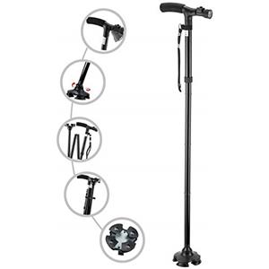 RUNZI Cane pieghevole con illuminazione LED, bracciolo regolabile, cane e bastone da camminare, adatto agli anziani con maniglia ammortizzata e base quadrata rotante per escursionisti e alpinisti